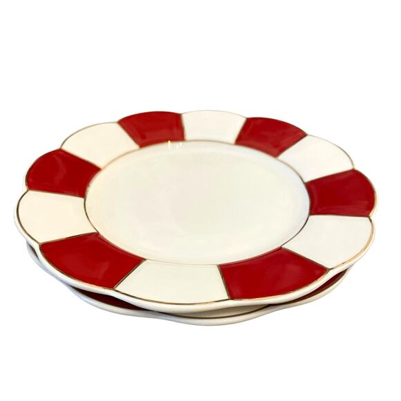Grace Teaware Porcelain Salad Plate 8in Red & White Stripe Gold Trim Set 4 New - Picture 8 of 16